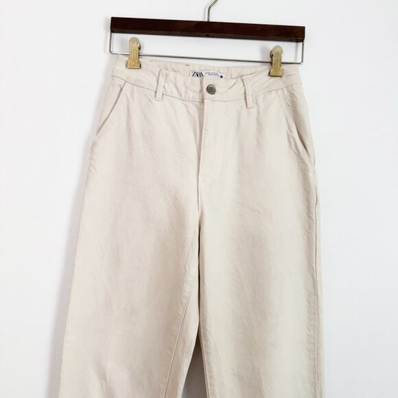 ZARA High Rise Cuffed Straight Leg Pants Cream 00 - Picture 2 of 8